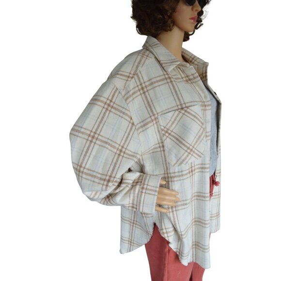 143 Story Cream Beige Plaid Flannel Button Down Shirt Women's Large Fall Western - Picture 3 of 6